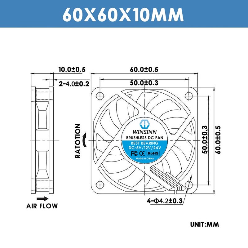 WINSINN DC 60mm Fan 24V 6010 Dual Ball Bearing Brushless Cooling 60mmx10mm 2PIN (Pack of 4Pcs) - Image 2